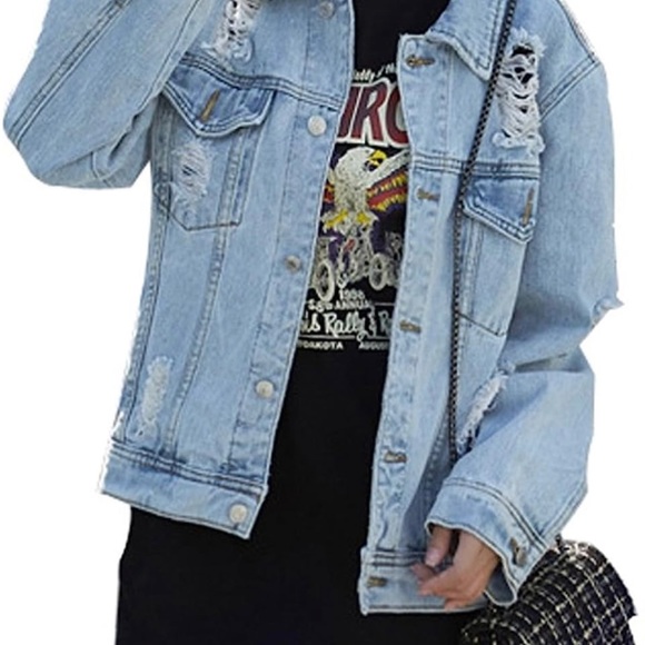 JUDYBRIDAL Oversize Distressed Denim Jacket Sz L NEW MFRP $45 - Picture 2 of 8
